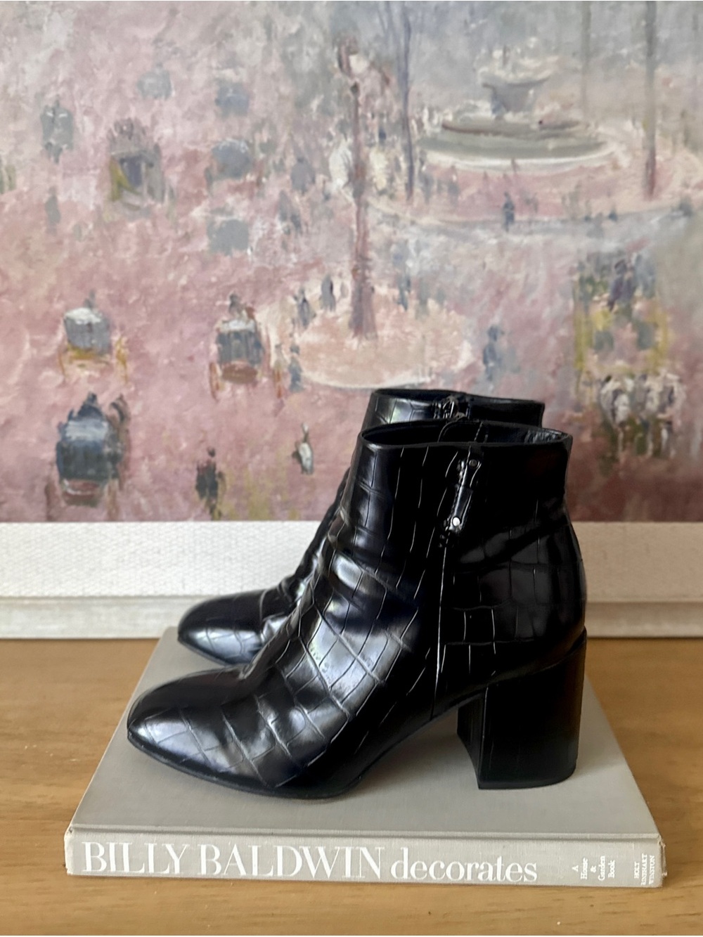Franco Sarto Elegant Black Croc-Embossed Block Heel Ankle Boots - Size 8.5